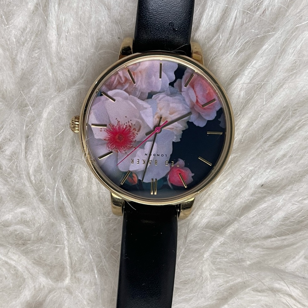 Ted Baker London floral face watch with balck leather strap